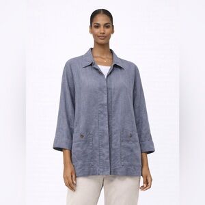 Tahari 100% Linen Long Shacket Shacket Slate Blue Oversized Pockets Size XL